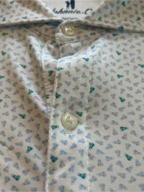 johnnie-O White Polo “Backcourt” Shirt with Blue & Teal Micro Print